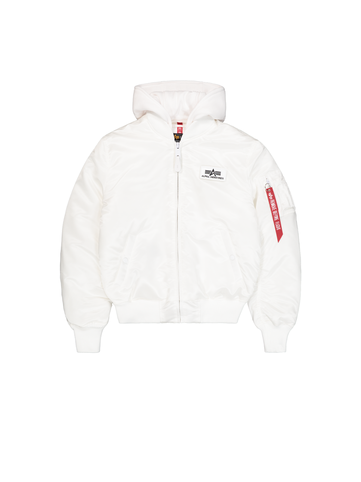 Alpha Industries – MA-1 Zip Hood Backprint Bomber Jacket – White/Black