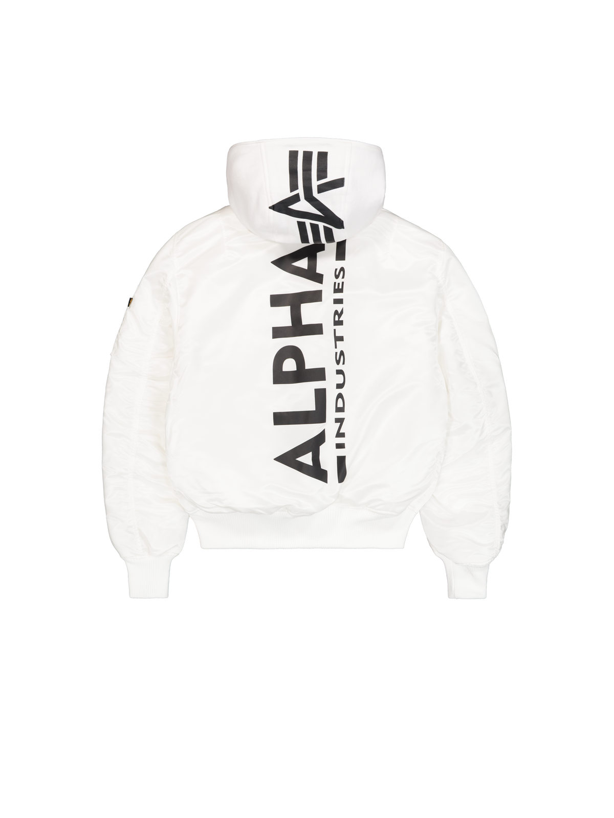 Alpha Industries – MA-1 Zip Hood Backprint Bomber Jacket – White/Black