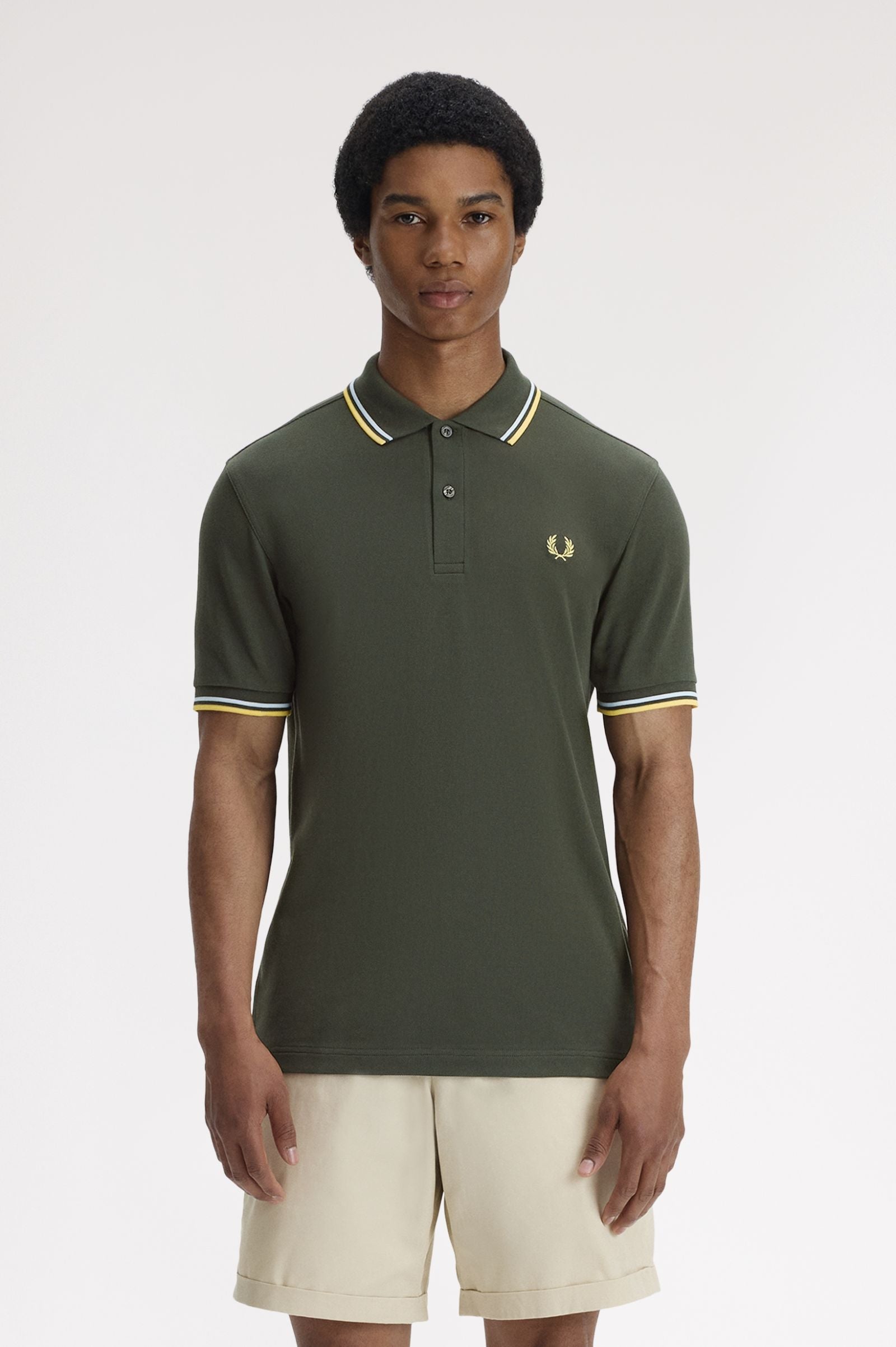 Fred Perry Twin Tipped Fred Perry Shirt - Hunting Green / Light Ice / Lemon Barley