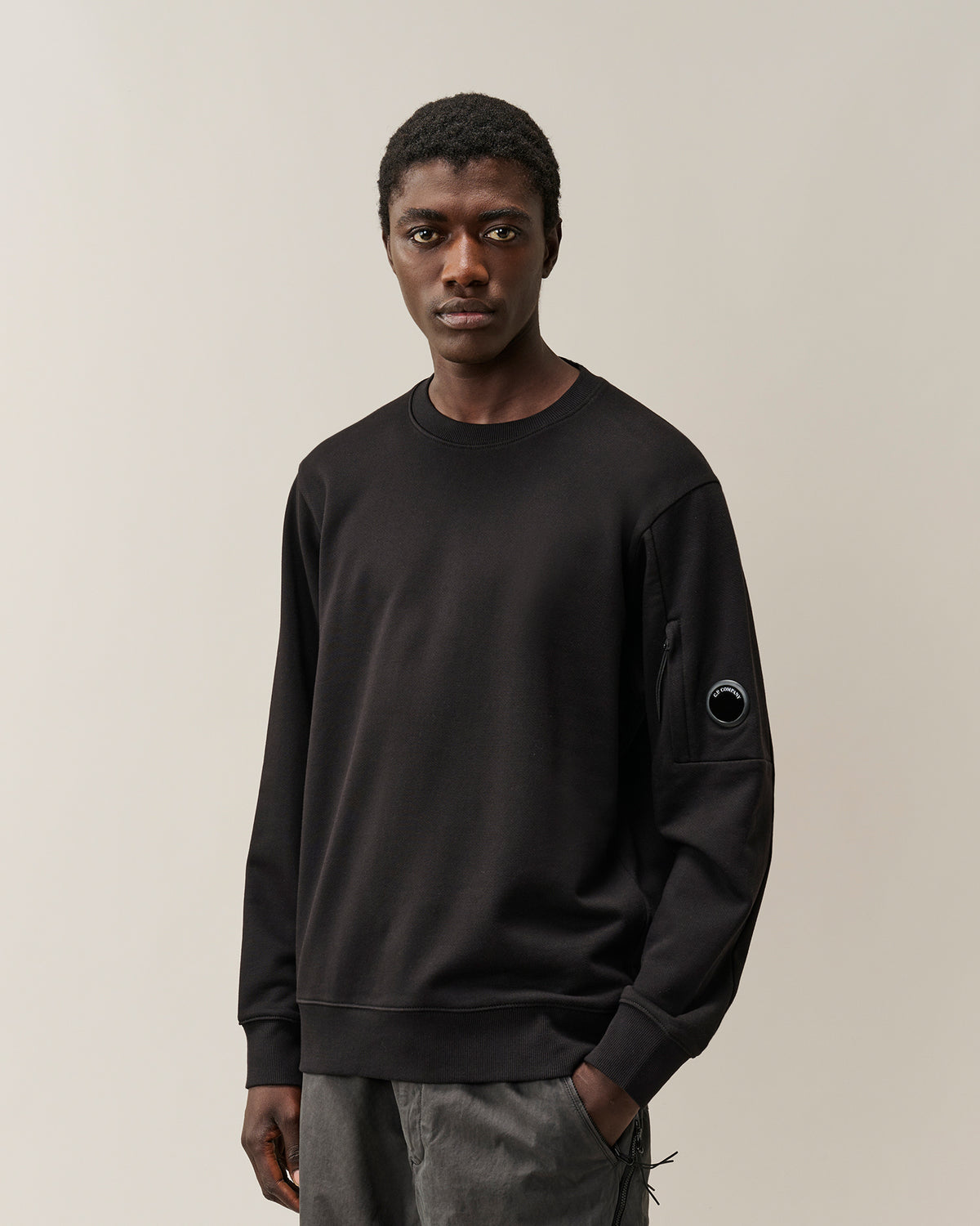 C.P. Company Diagonal Raised Fleece Crewneck Lens Sweatshirt - Black, detail 1