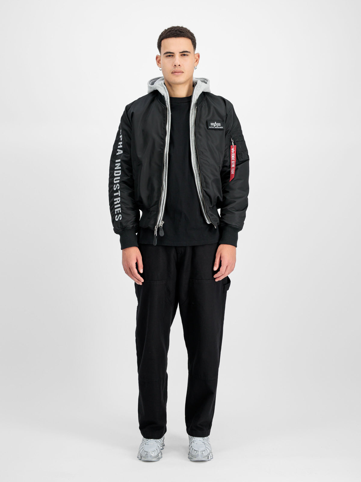 Alpha Industries – MA-1 D-Tec Sleeve Embroidery Bomber Jacket – Black/Grey