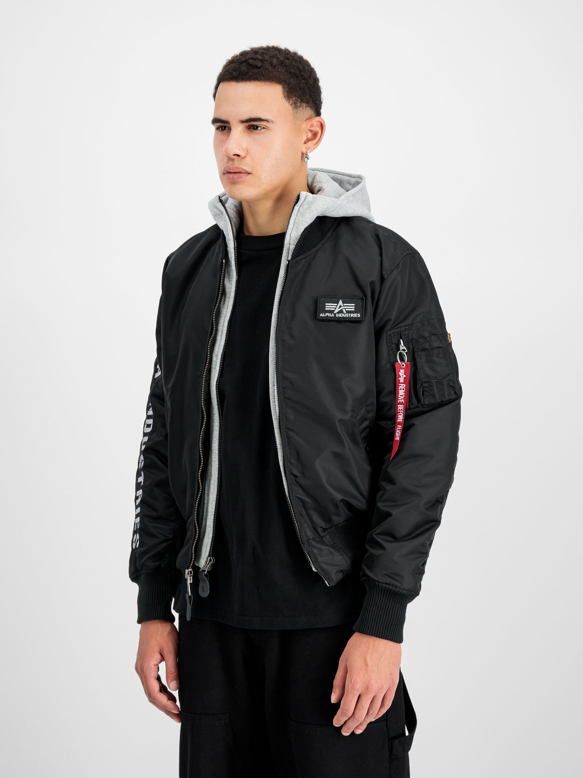 Alpha Industries – MA-1 D-Tec Sleeve Embroidery Bomber Jacket – Black/Grey