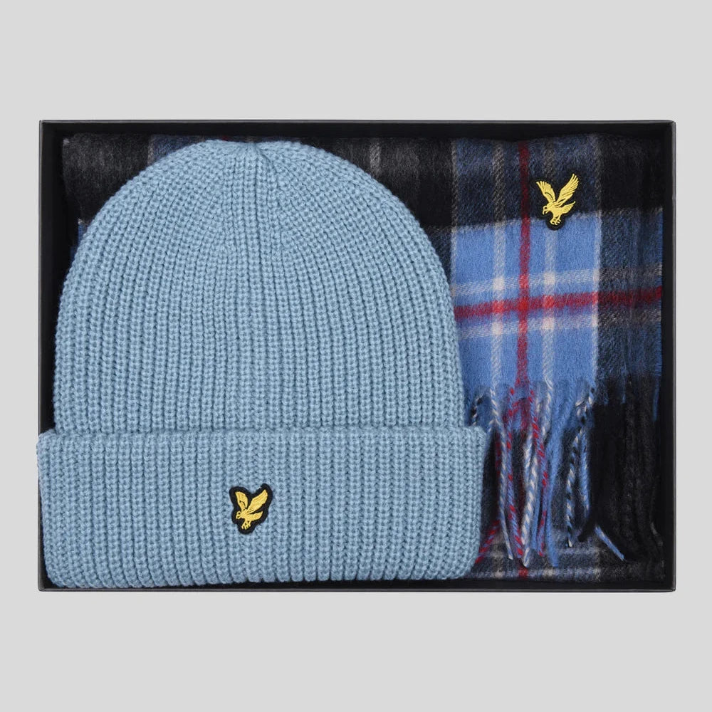 Lambswool Blend Checked Scarf and Beanie Gift Set Lyle &amp; Scott - Blue Smoke