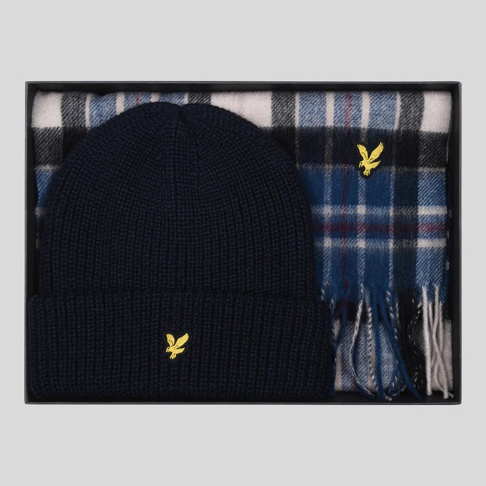 Lambswool Blend Checked Scarf and Beanie Gift Set Lyle &amp; Scott - Dark Navy