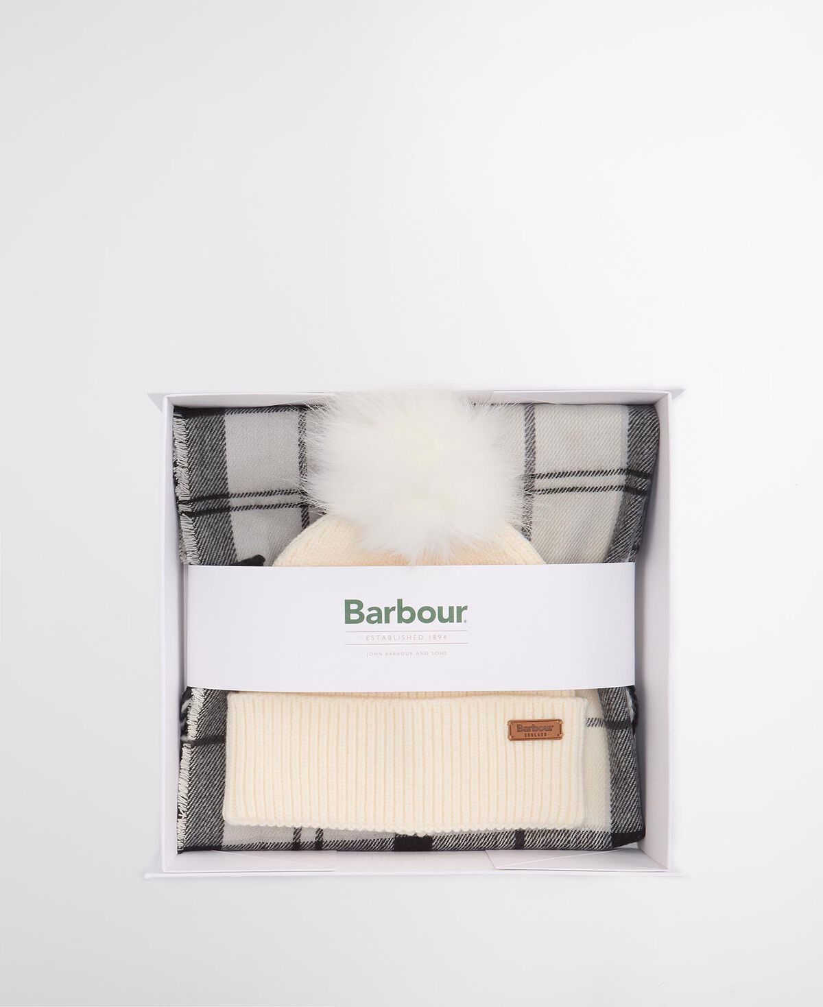 Barbour – Dover Beanie & Hailes Scarf Gift Set – Monochrome Tartan
