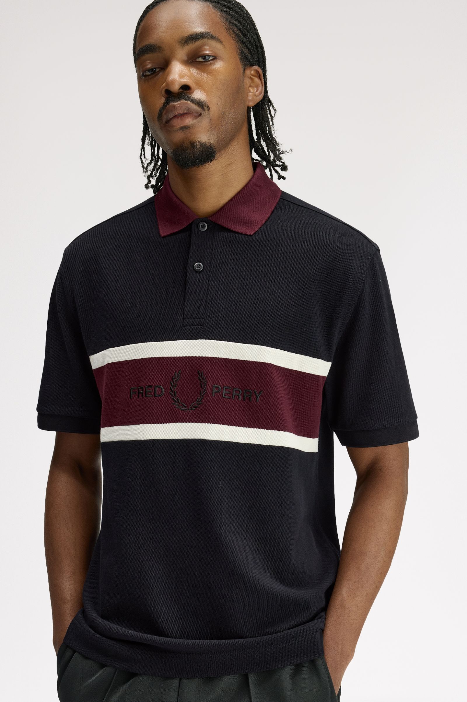 Fred Perry Embroidered Panel Polo Shirt - Black