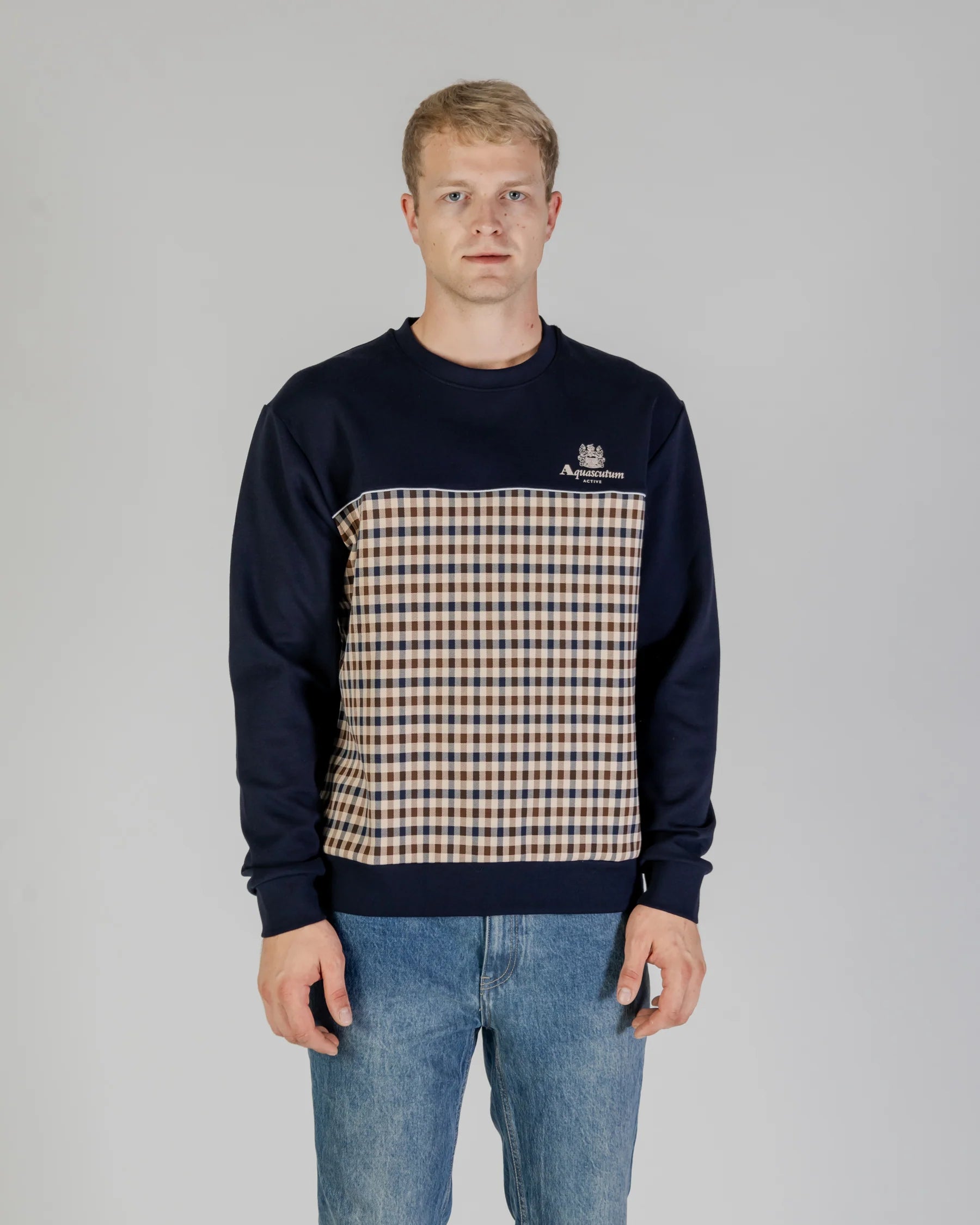 Active Club Check Crew Neck Aquascutum - Navy