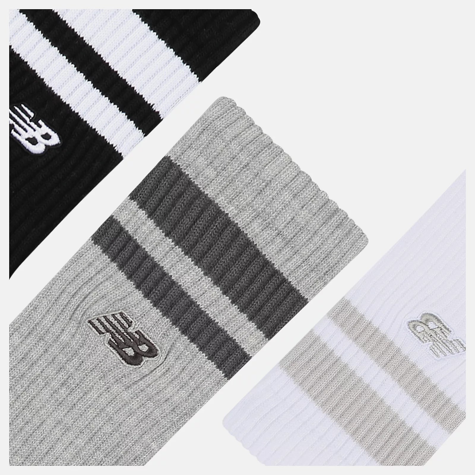 Active Premium Stripe Crew Socks 3 Pack New Balance - White, Grey, Black